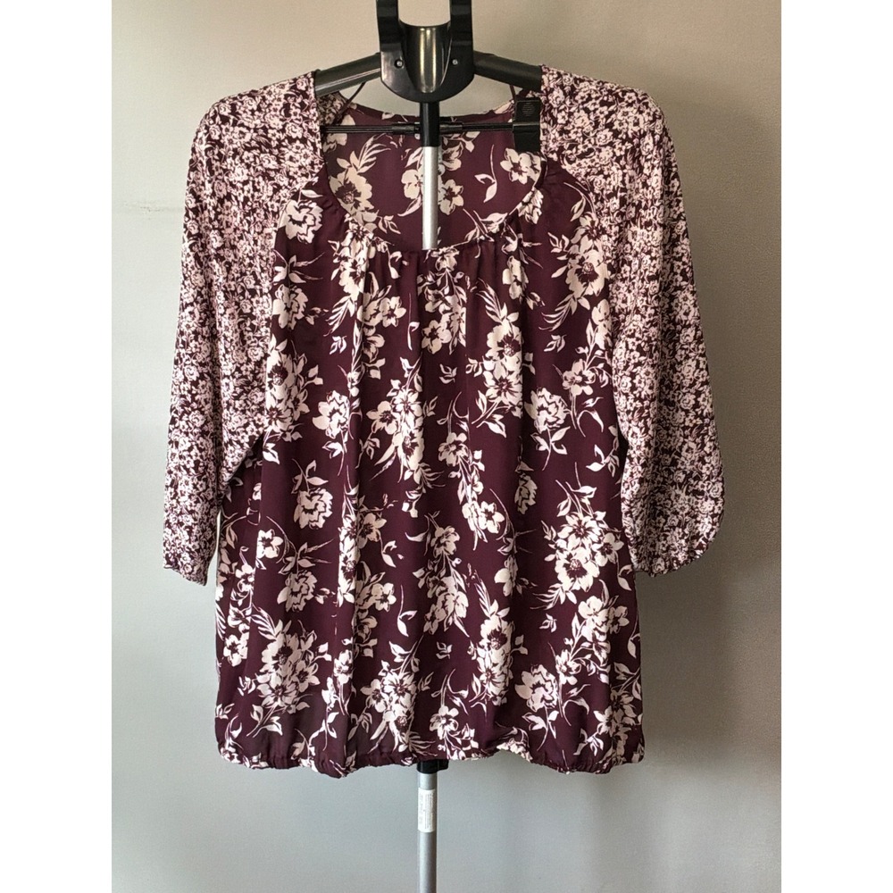 Croft & Barrow Blouse Women 1X Burgundy Floral 3/4 Sleeve Boho Cottagecore Top